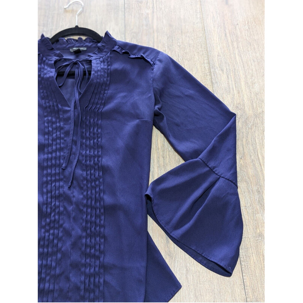 Ann Taylor Top Womens Small Petite Blue Long Flare Sleeve Pleated BOHO Work - Picture 2 of 9